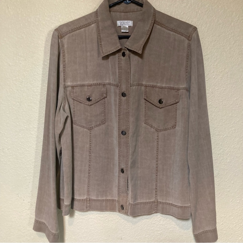 Christopher & Banks Long Sleeve      Kaki Brown  Cropped 2 Pockets Shirt L
